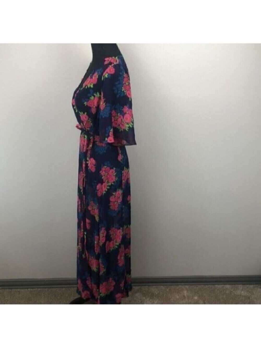 Zara Blue Maxi Wrap Dress Sheer Floral Chiffon V-Neck Short Flutter Sleeve S - Picture 12 of 15